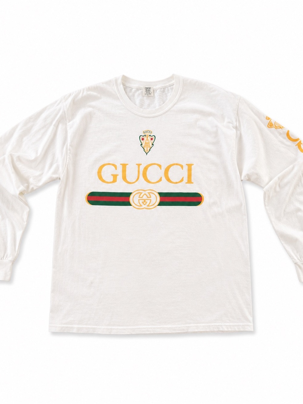 Gildan White Long Sleeve Tee with Yellow Gucci Print and Green/Red Stripe